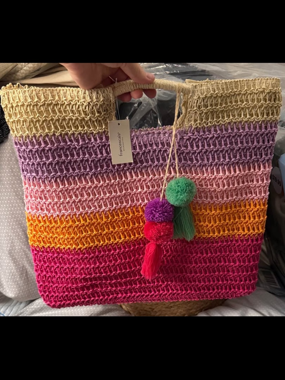 Francesca's Collections Striped Crochet Tote in Pink, Purple, Orange & Cream